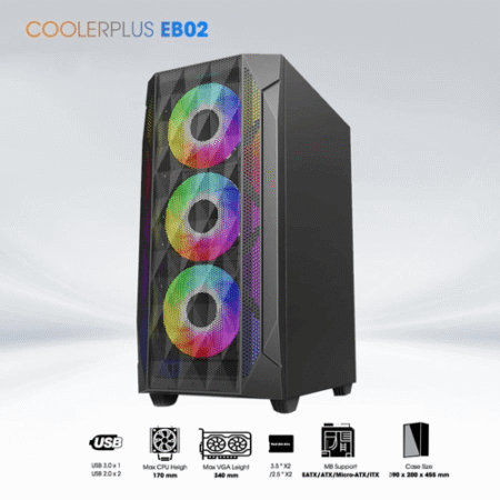 Vỏ Case COOLERPLUS EB02 EATX Mid Tower TemperedGlass 3FANRGB